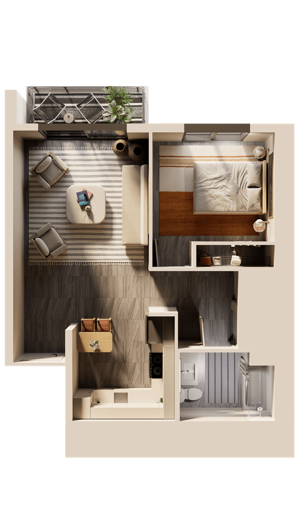a 3d rendering of a bedroom with a bathroom